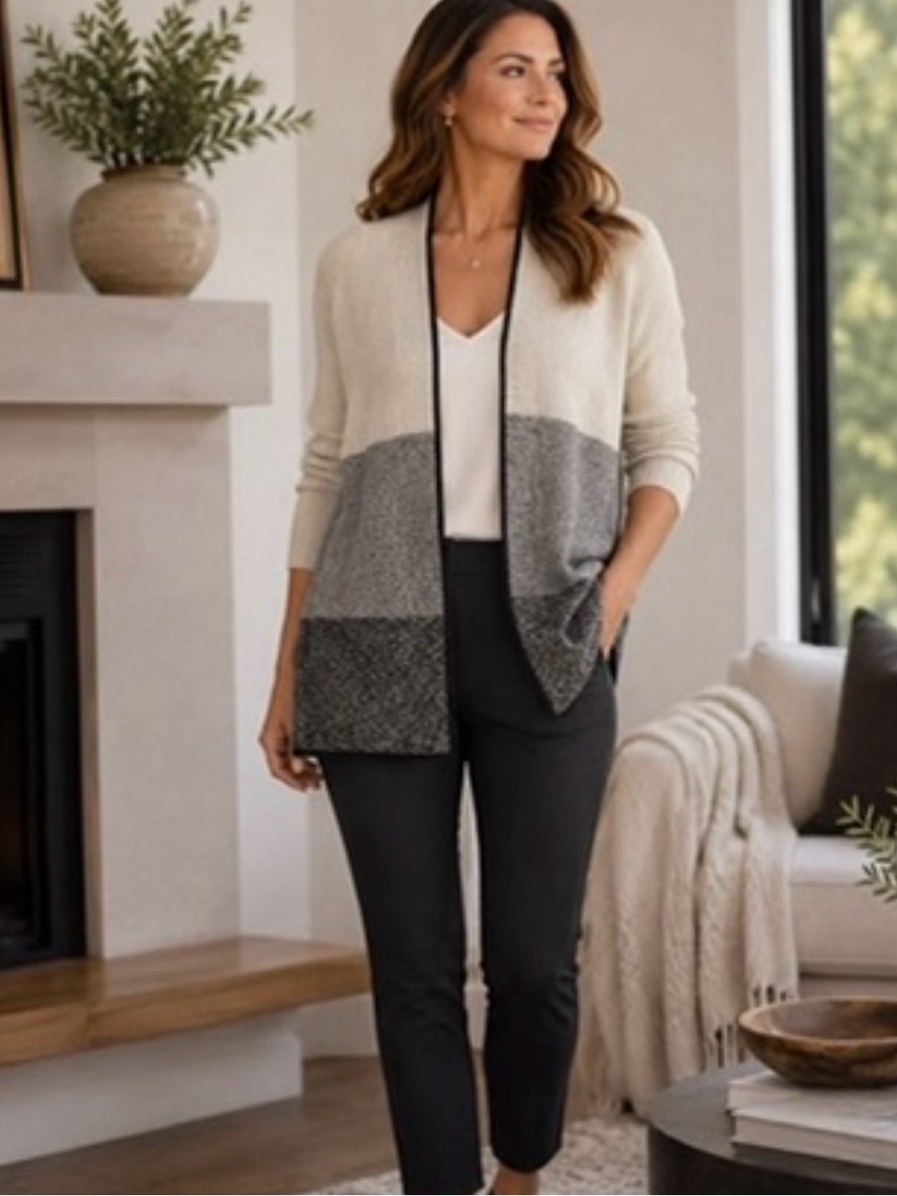 Eileen fisher wool organic linen Colorblock open front cardigan sweater - flaw